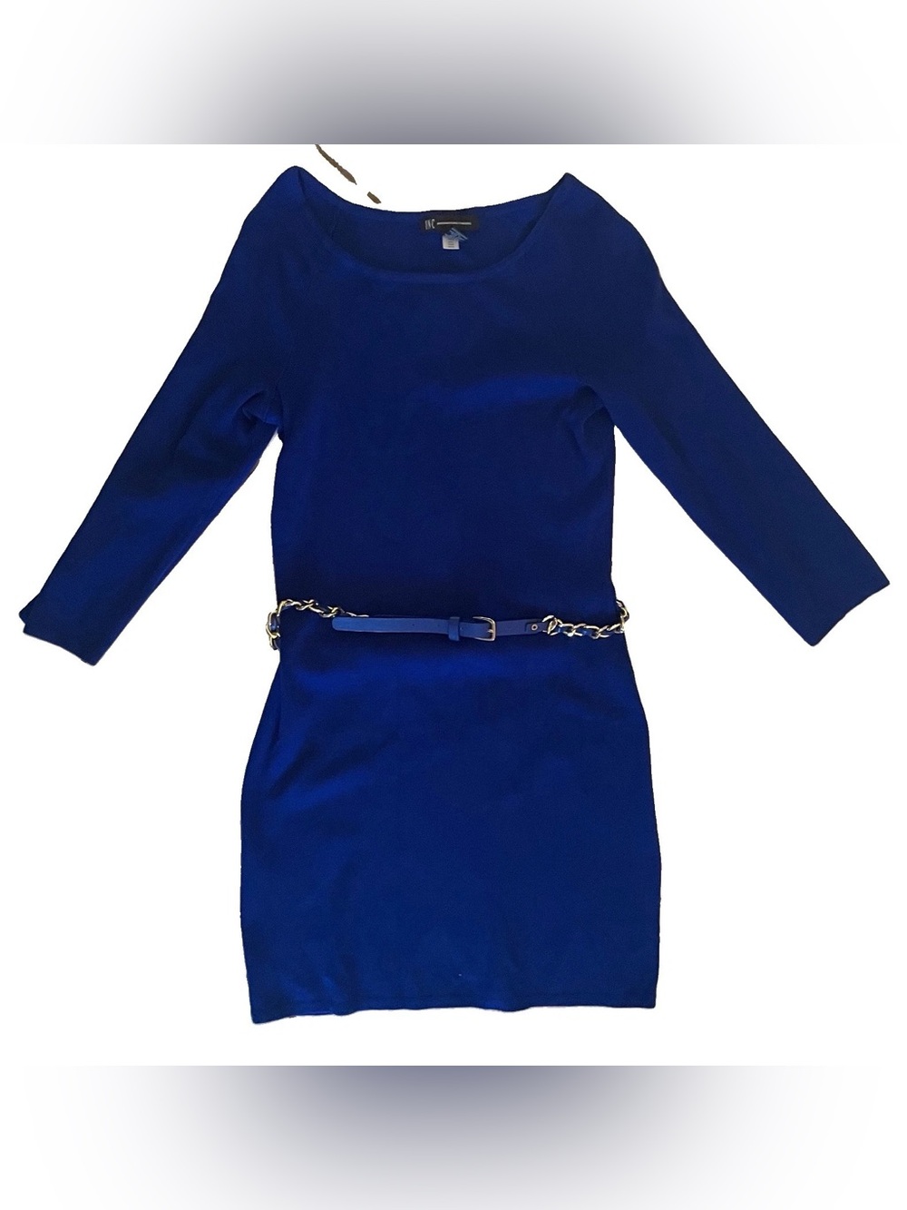 INC International Concepts Royal Blue Long Sleeve Mini Dress with Chain Belt
